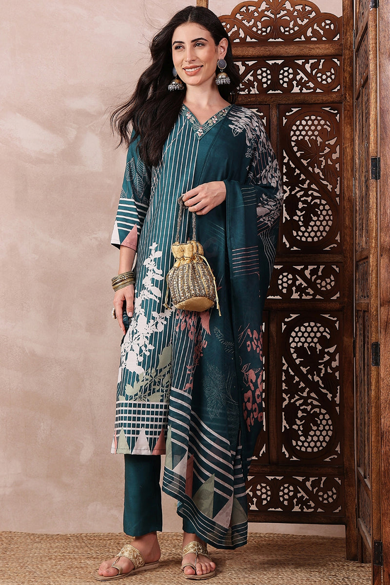 Ahika Teal Blue Rayon Blend Abstract Printed Straight Trouser Bottom Suit Set PKSKD2547TIL - view 4