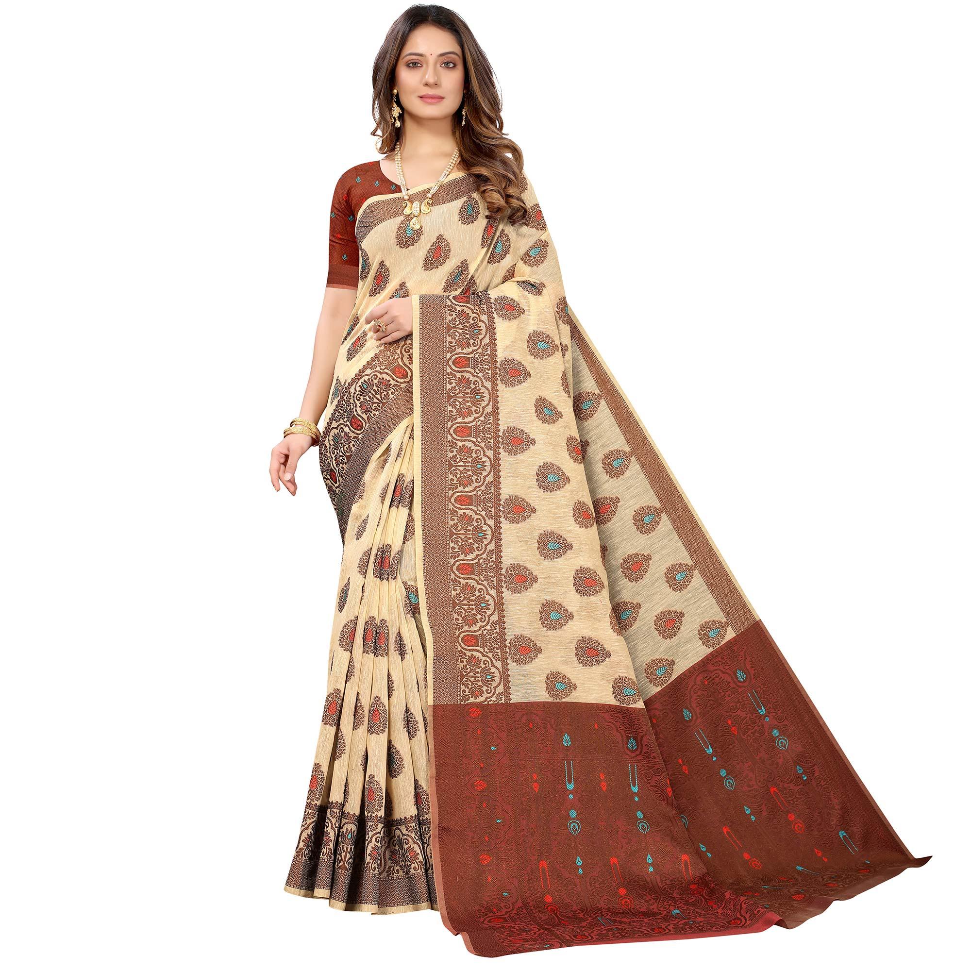 Peachmode Chikoo Festive Wear Woven With Meena Butta Rich Pallu Cotton Saree