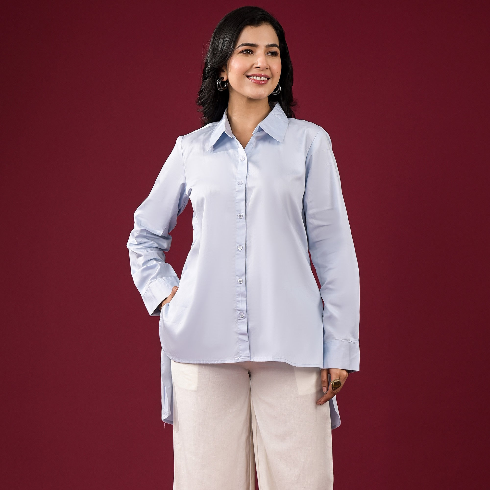 Peachmode Light Blue Solid Satin High-Low Shirt