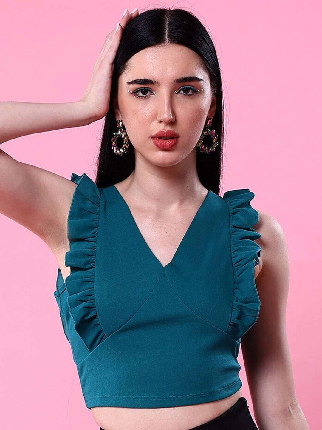 Freehand By The Indian Garage Co Women V Neck Ruffle Crop Top