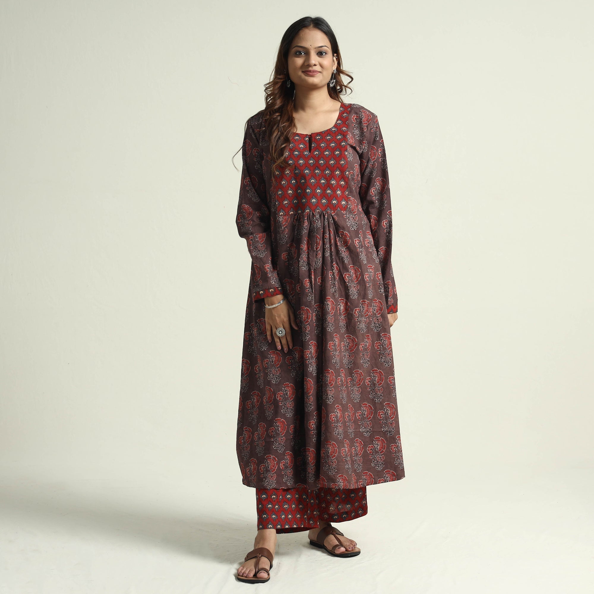 ITOKRI CASUALS Brown - Block Print Cotton Flared Ajrakh Kurta with Palazzo Set