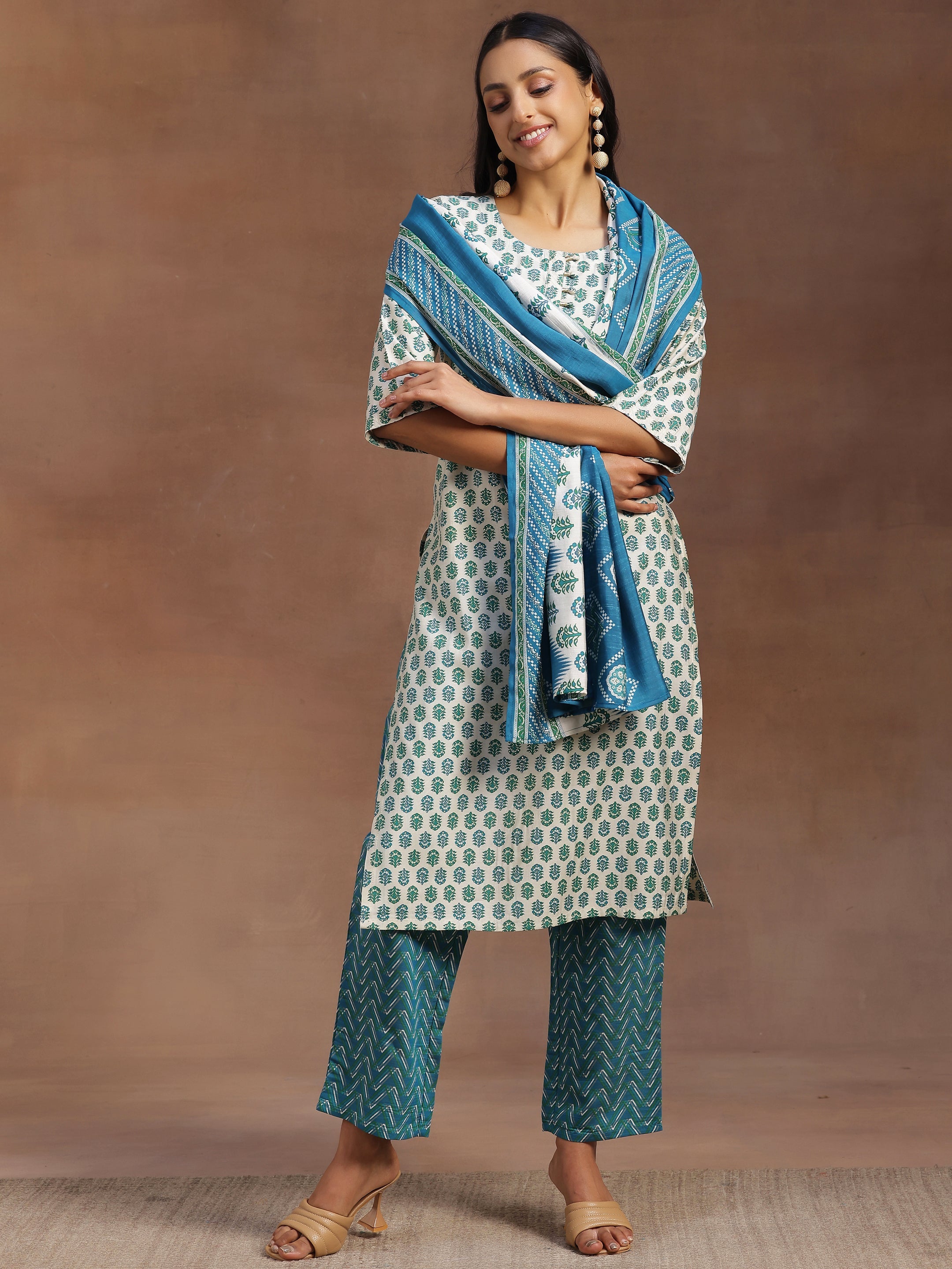 Libas Beige Printed Silk Blend Straight Suit With Dupatta