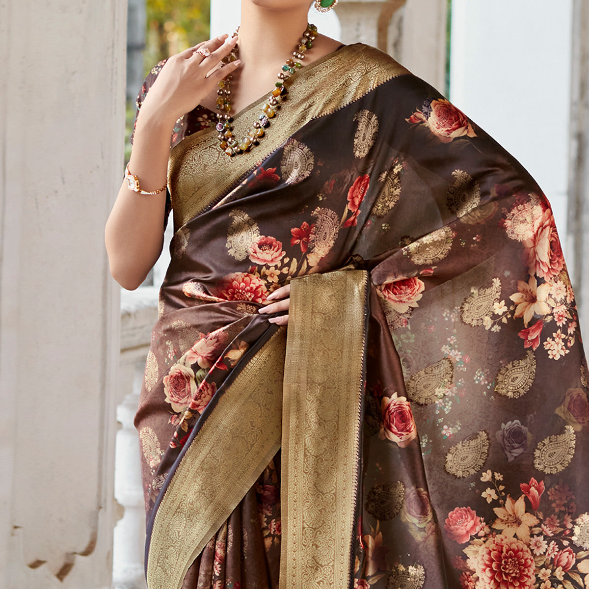 Peachmode Dark Brown Woven With Floral Printed Art Silk Saree - view 2