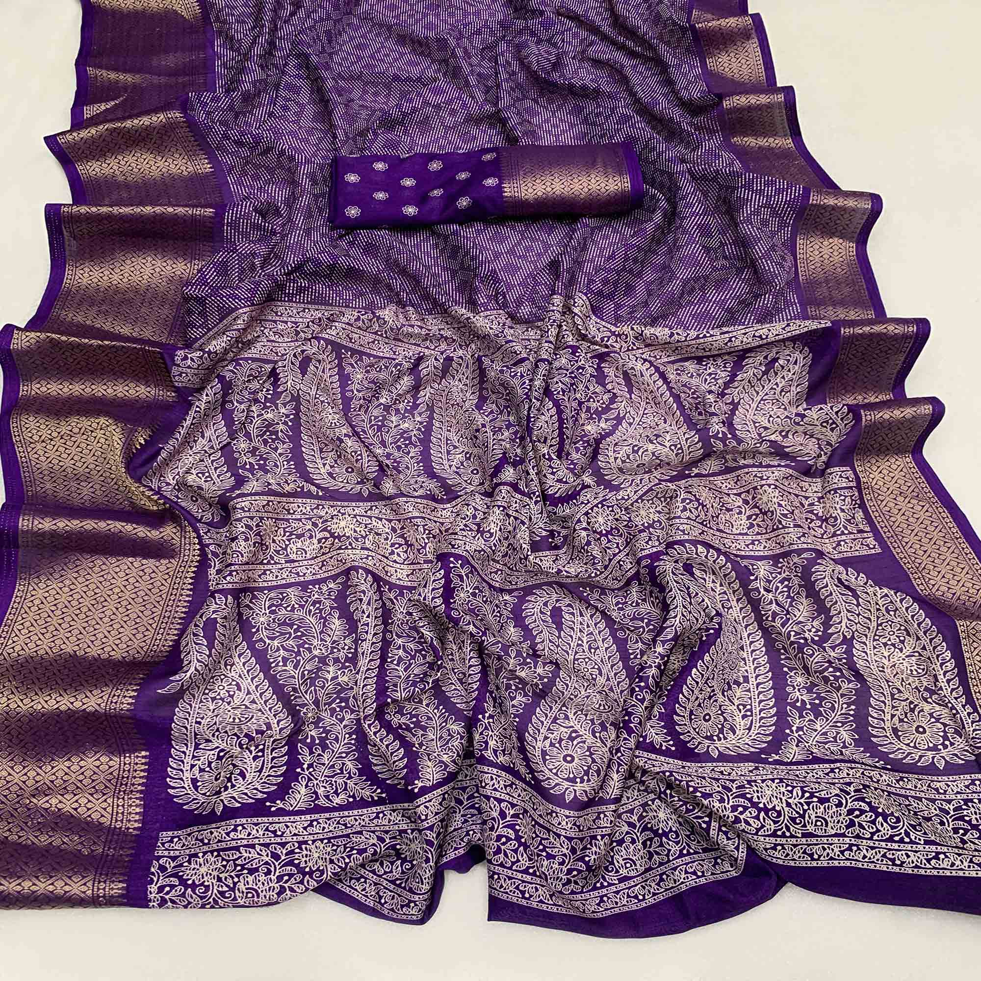 Peachmode Lavender Printed Dola Silk Saree With Zari Border