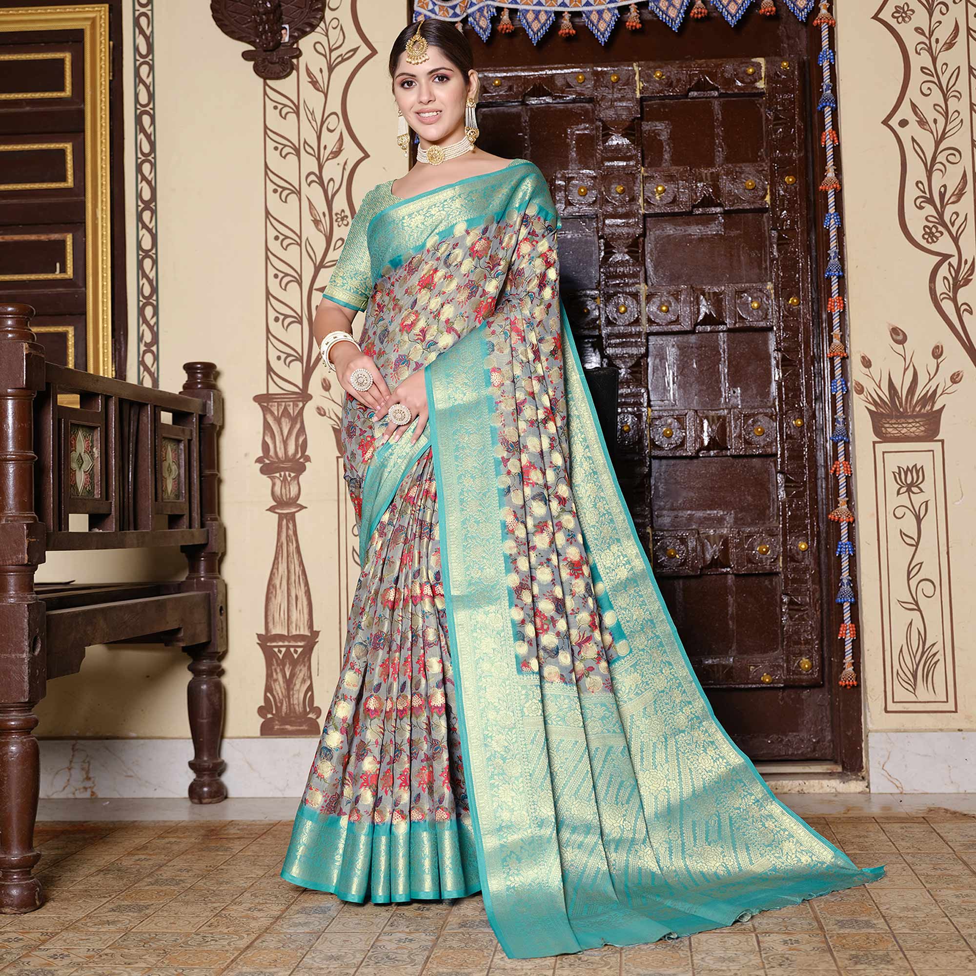 BlackTree grey-turquoise-floral-printed-pure-cotton-saree - view 2