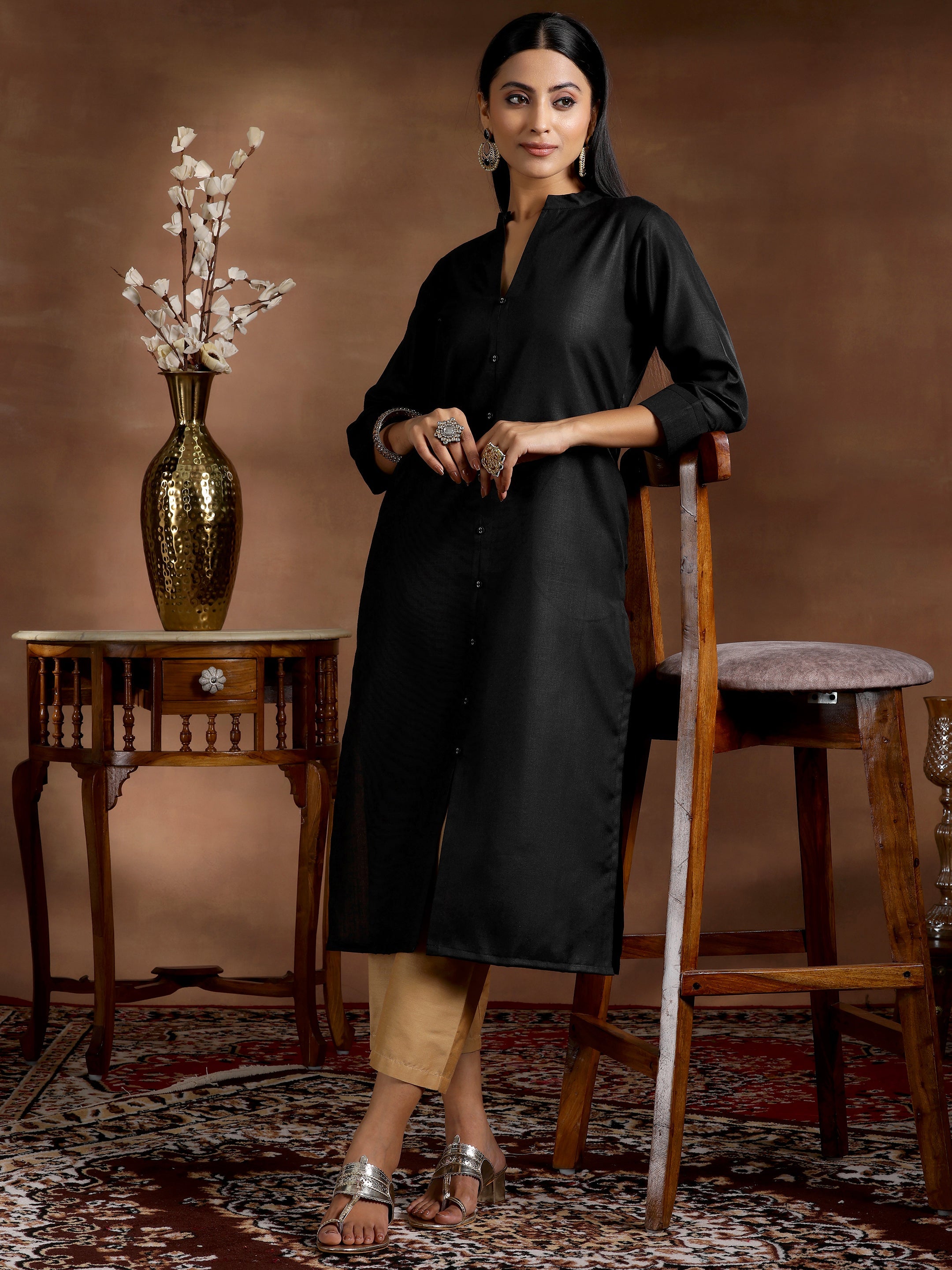 Libas Black Solid Silk Straight Kurta