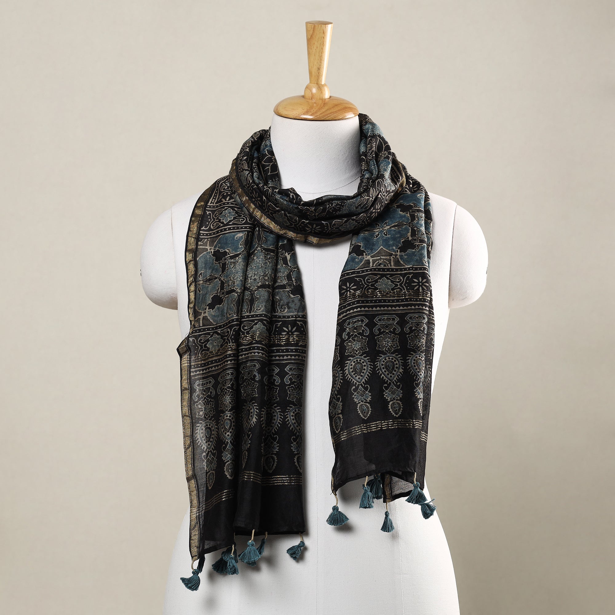 AJRAKH BY SUFIYAN ISMAIL KHATRI Black - Ajrakh Hand Block Printed Chanderi Silk Handloom Stole with Tassels