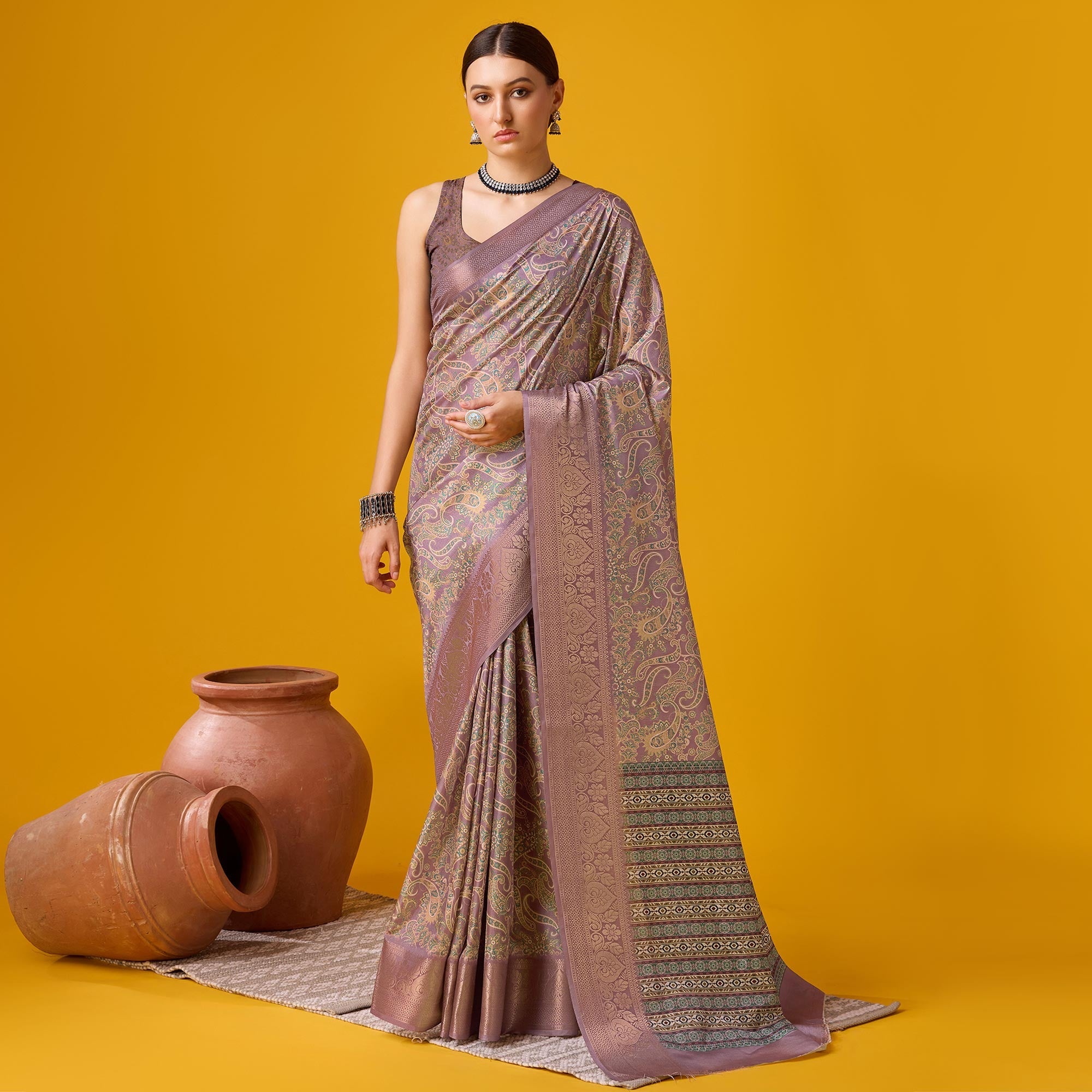 Peachmode Mauve Digital Printed Cotton Silk Saree With Border - view 2