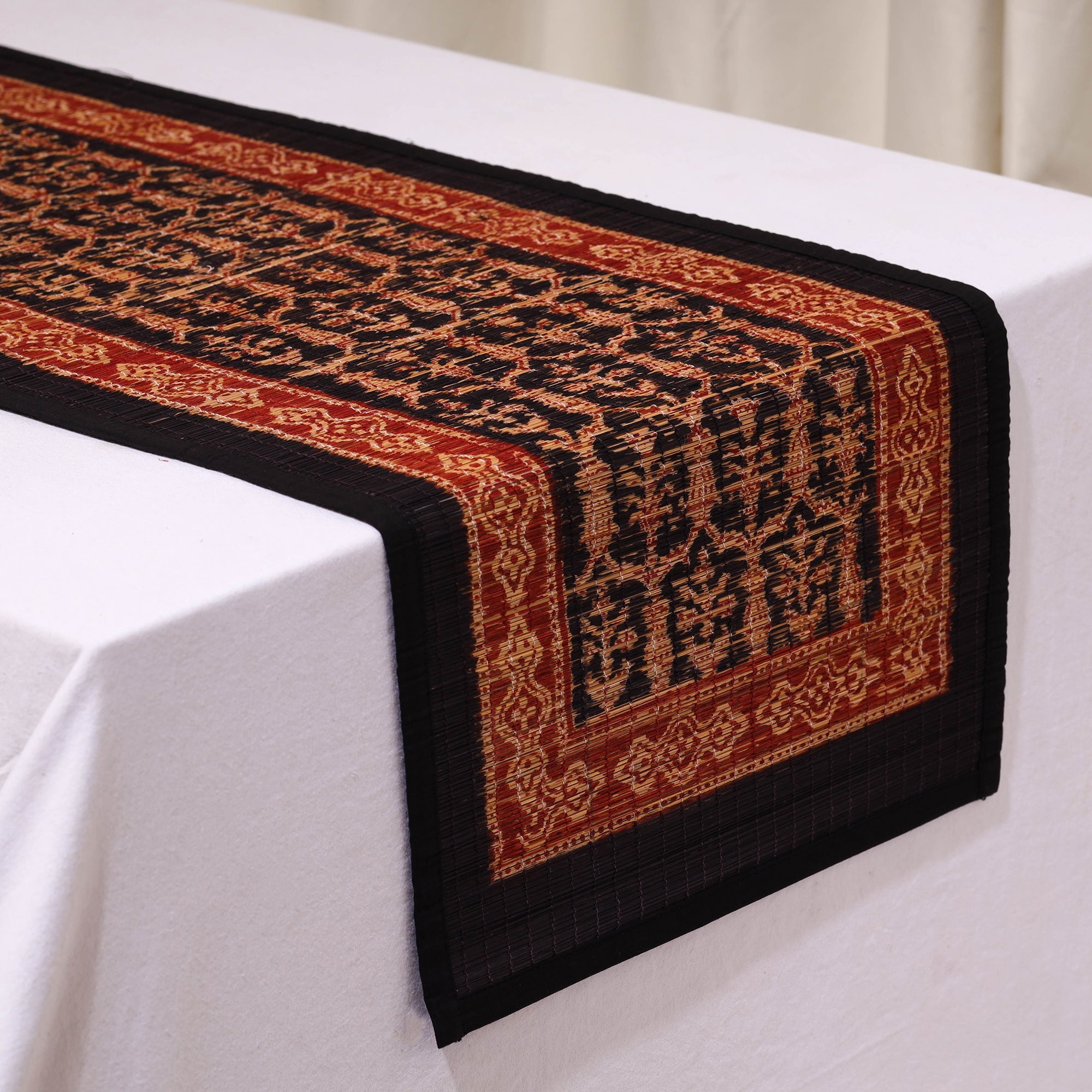 BAGH PRINTS BY MOHAMMED BILAL KHATRI Black - Natural Bamboo Bagh Block Printed Dining Table Runner 04