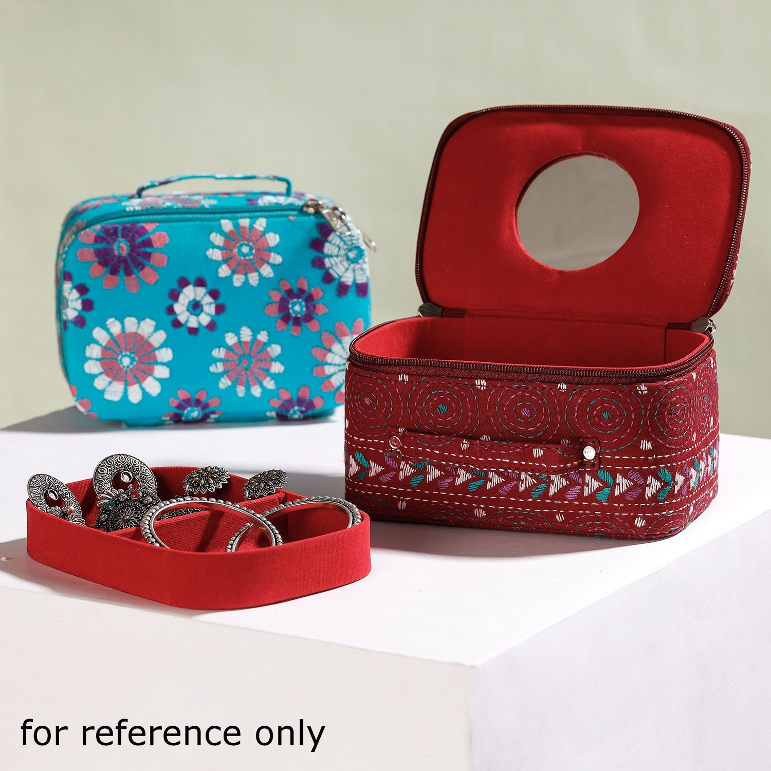 ASALKAAR Blue - Bengal Kantha Work Handcrafted Jewelry Box with Mirror - view 3