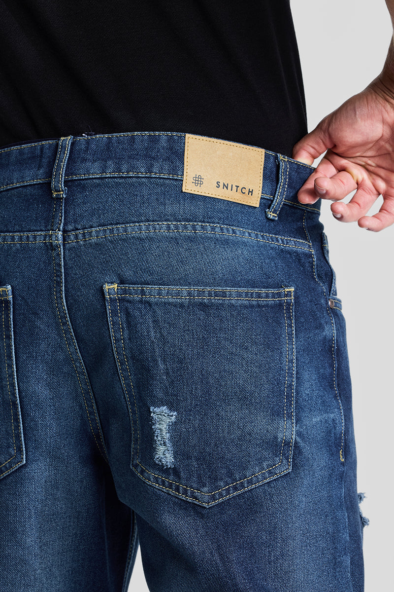 SNITCH Navy Distressed Baggy Fit Jeans - view 8