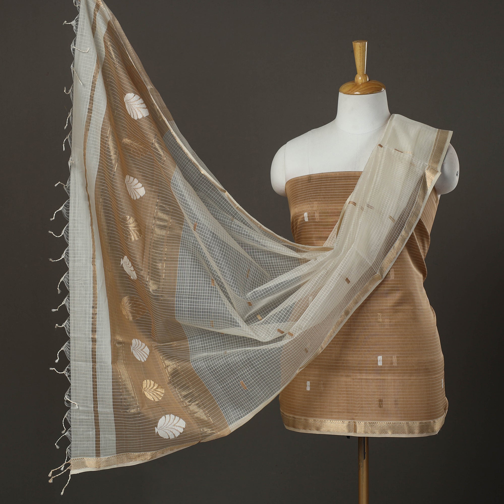 CHANDERI BY RAUPH KHAN Brown - 3pc Zari Buti Handloom Chanderi Silk Dress Material 02