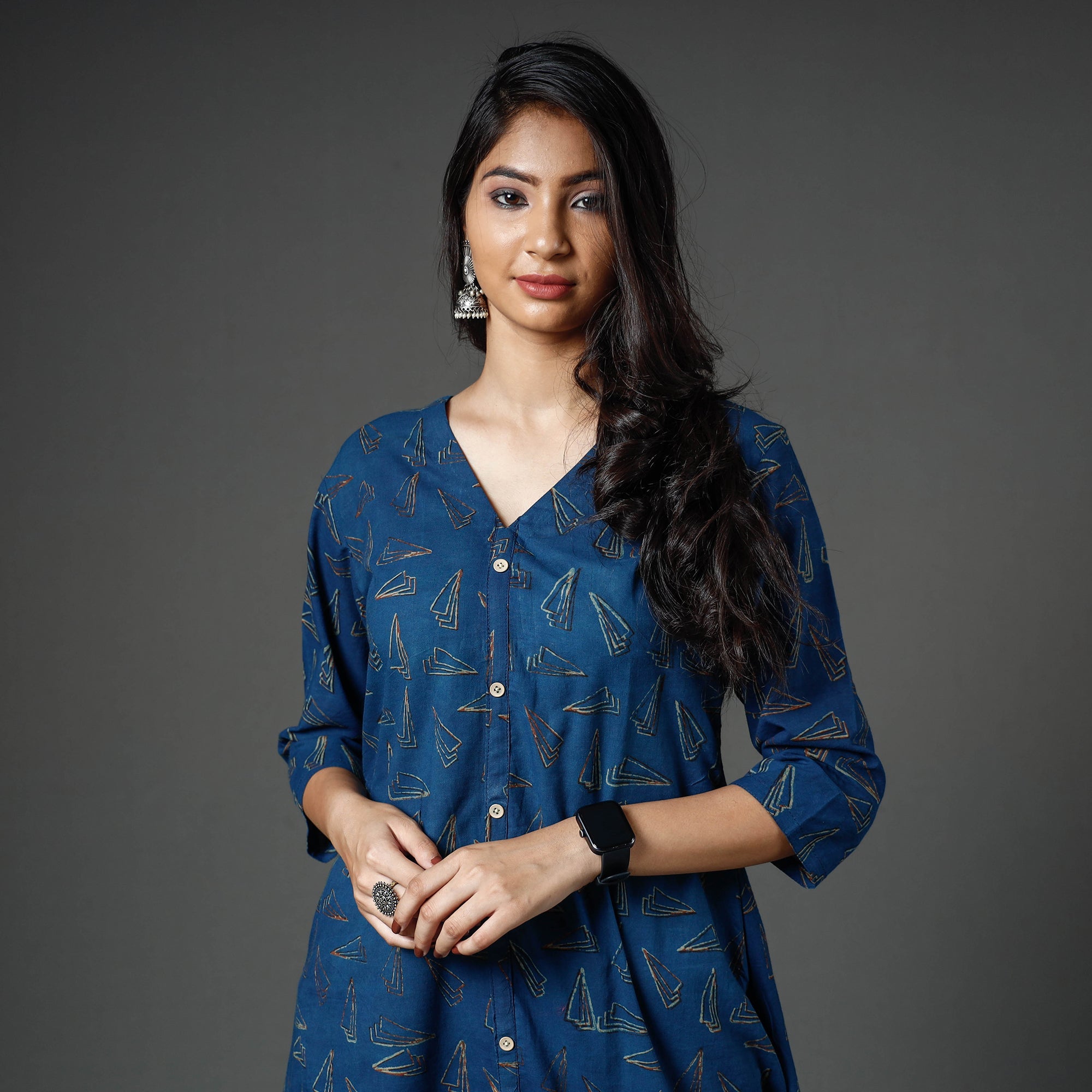 ITOKRI CASUALS Blue - Akola Block Printed Cotton A-Line Long Kurta