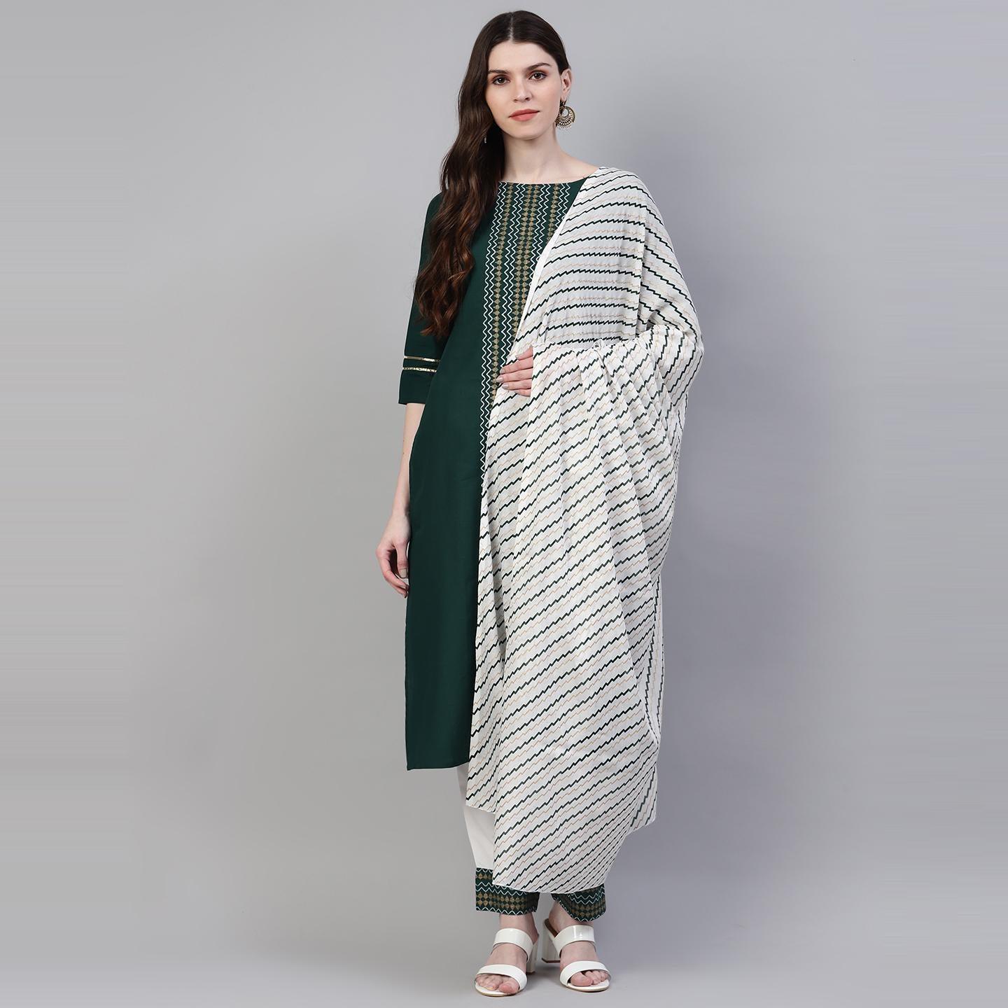 Peachmode Seller Dark Green Printed Pure Cotton Kurti - Pant Set With Dupatta