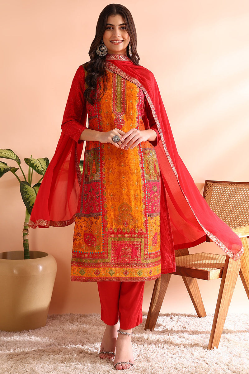 Ahika Red Chanderi Silk Ethnic Motifs Woven Design Straight Trouser Bottom Suit Set PKSKD2585