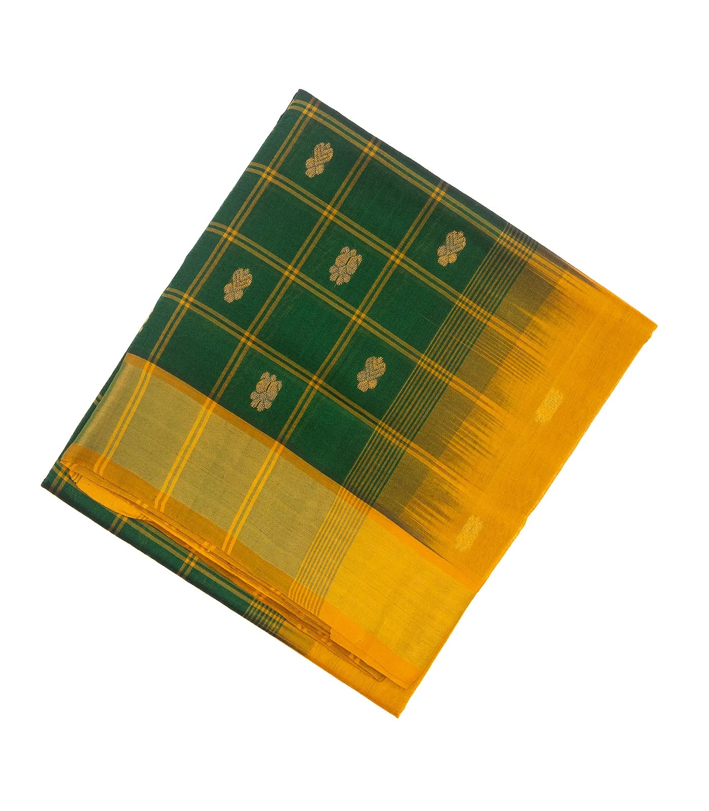 RmKV Dark Green Handloom Silk Cotton Saree With Checks & Buttas