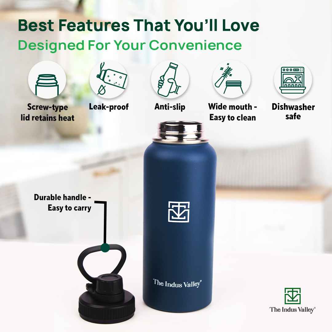 The Indus Valley Premium Stainless Steel Vacuum Insulated Wide Mouth Water Bottle with Handle, Leak-proof, 1000ml - view 5