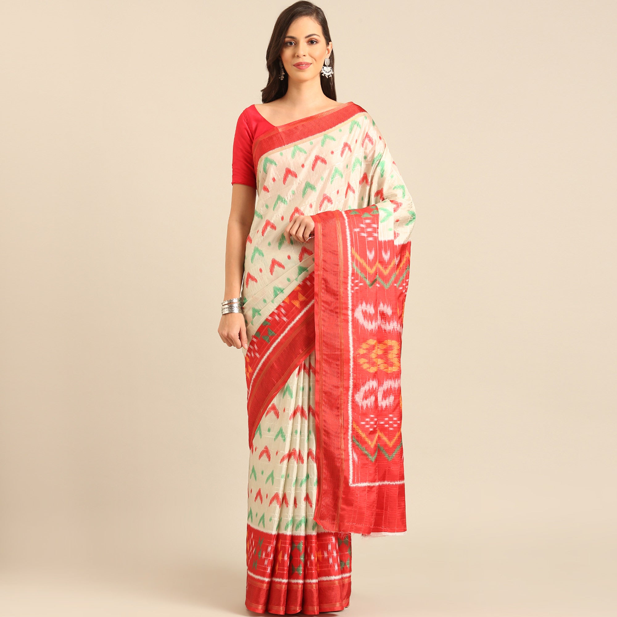 Peachmode Cream Digital Patola Printed Cotton Blend Saree - view 2