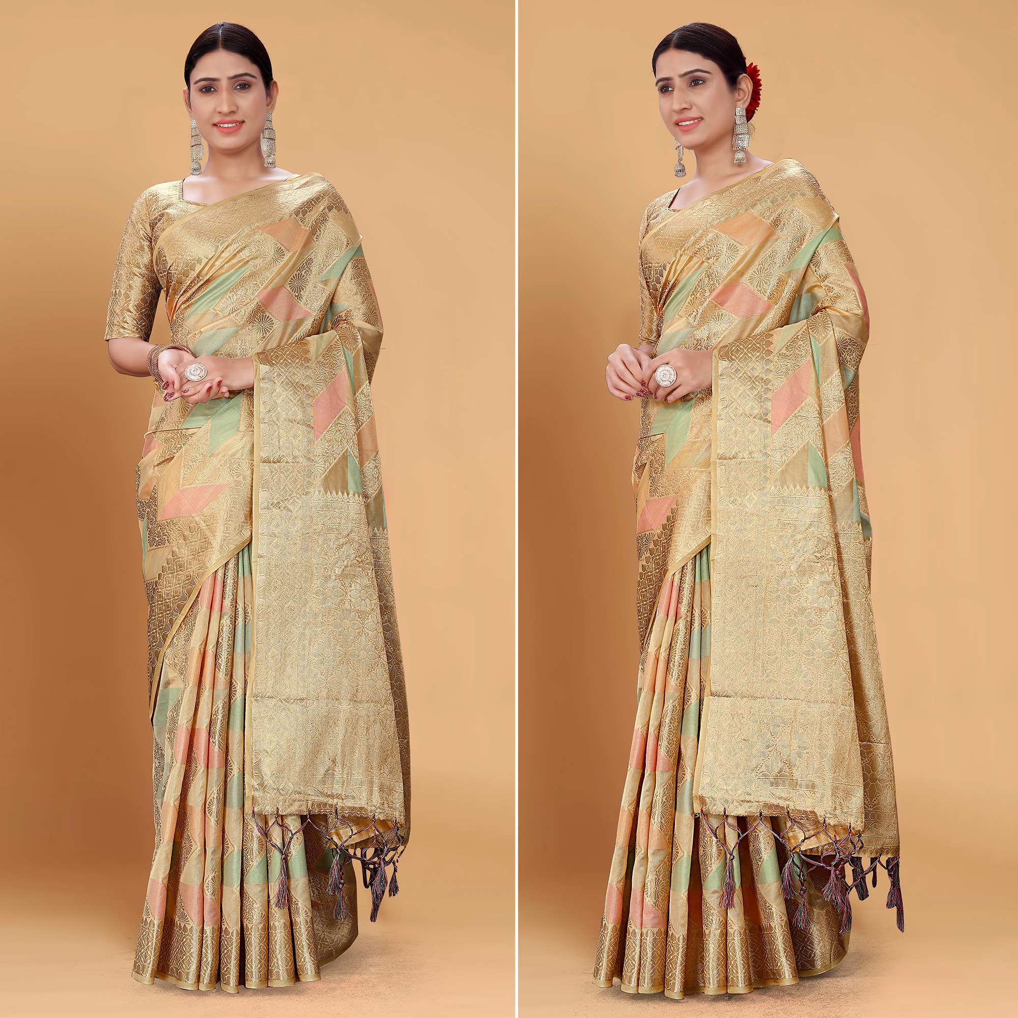 Peachmode Chikoo Woven Organza Saree With Tassels
