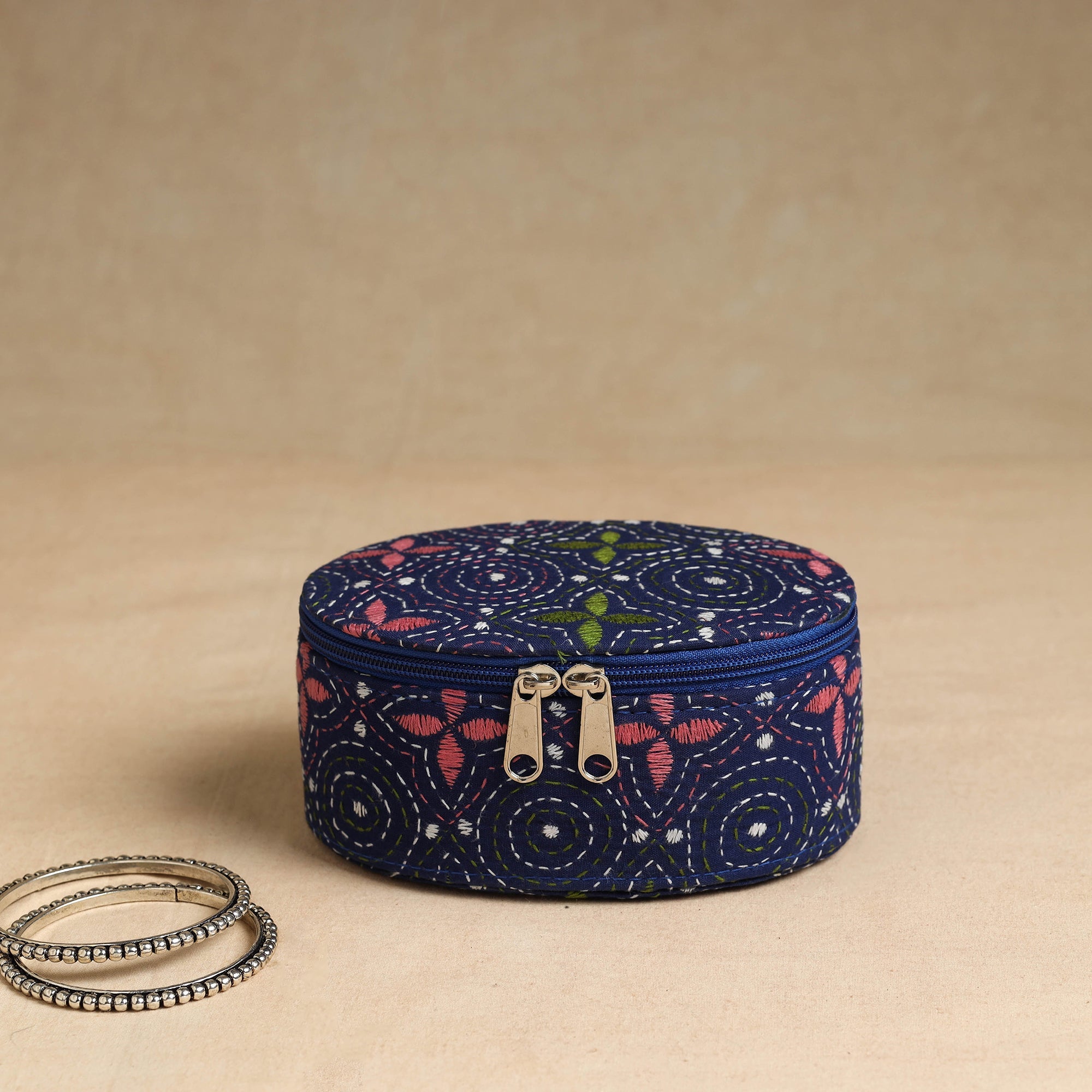 ASALKAAR Blue - Bengal Kantha Work Handcrafted Oval Jewelry Box with Mirror 17