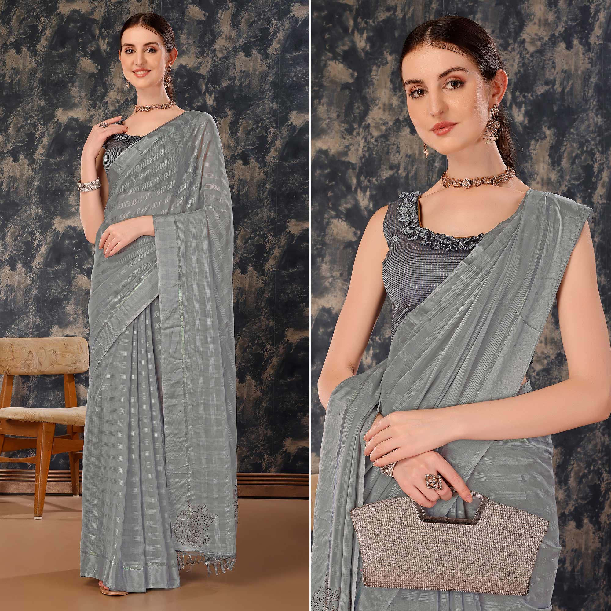 Peachmode Grey Swarovski Work Chiffon Saree With Tassels