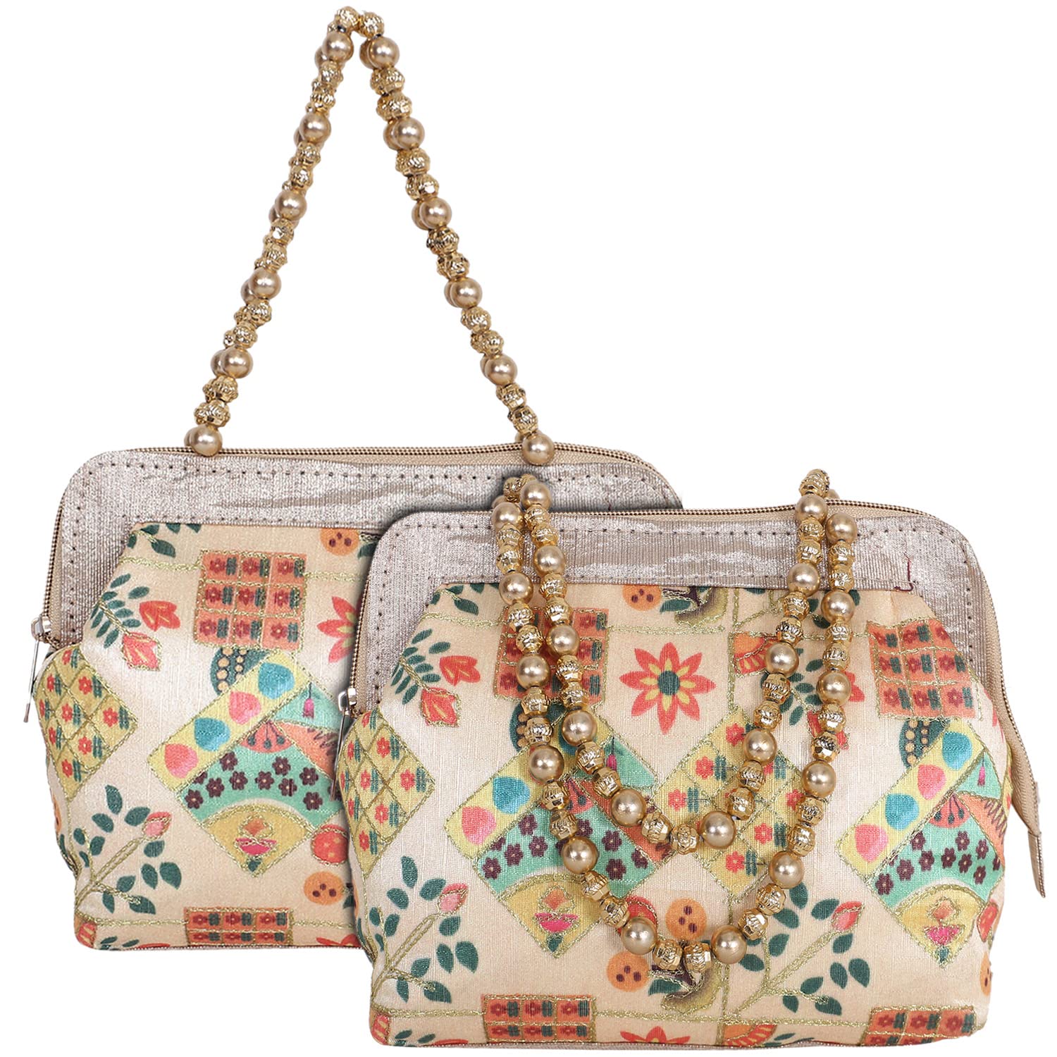 Kuber Industries Women Hand Purse|Polyester Artificial Pearls Handle Clutch for Women Daily Use|Embroidery Designer for Party Wedding Dating|Pack of 2
