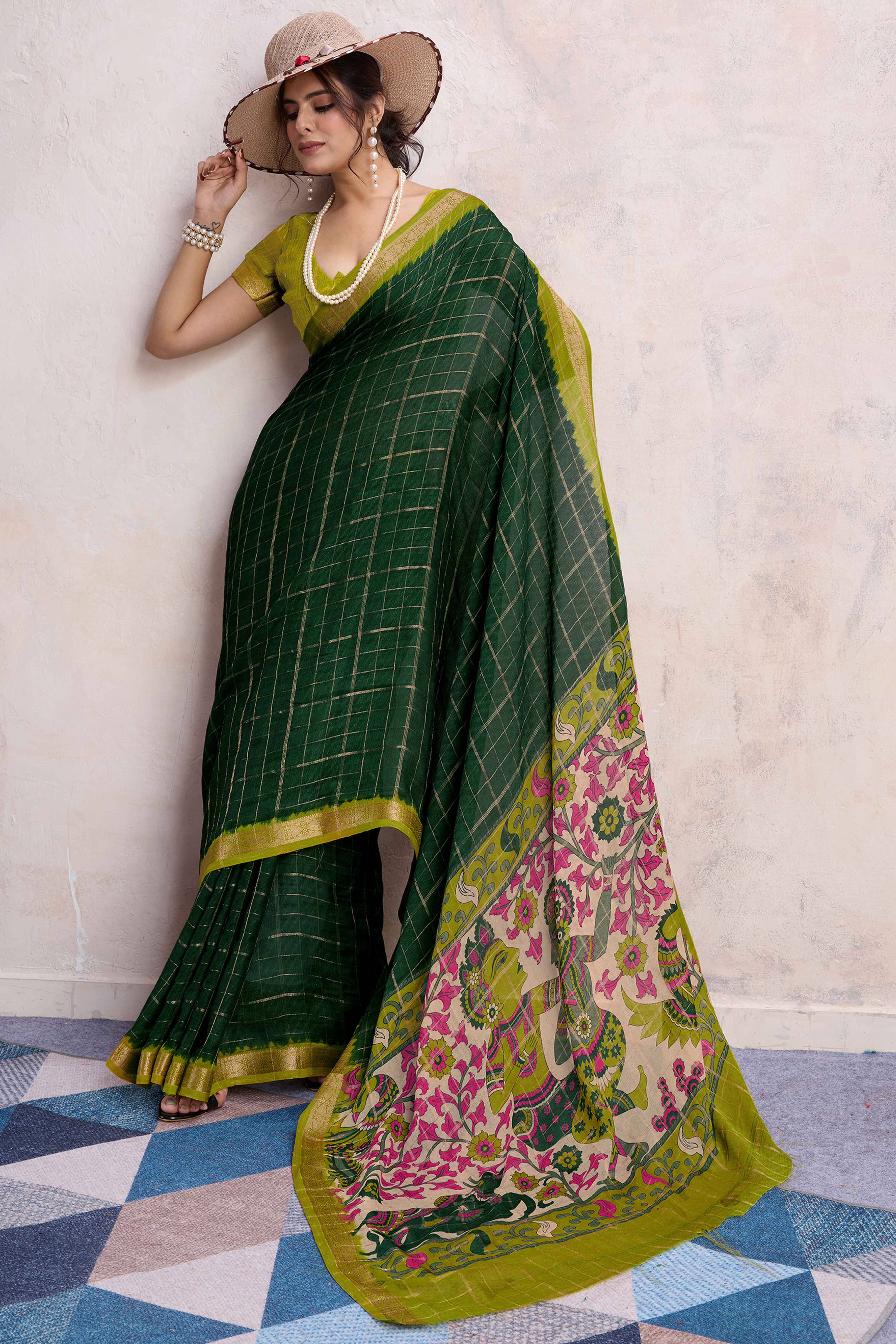 Peachmode Dark Green Zari Woven Cotton Silk Saree