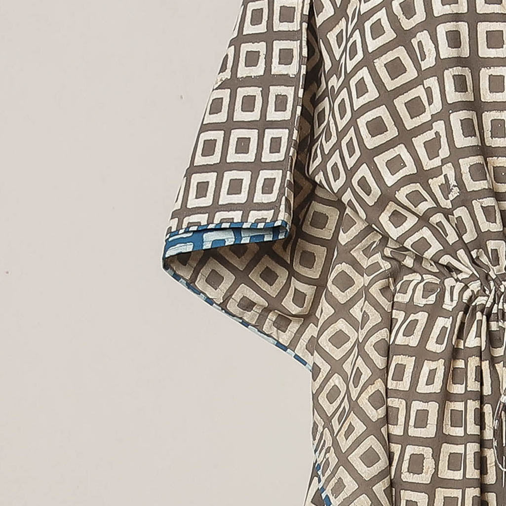 THE SAFFRON SAGA Brown - Pipad Hand Block Printed Cotton Kaftan with Tie-Up Waist (Long) - view 3