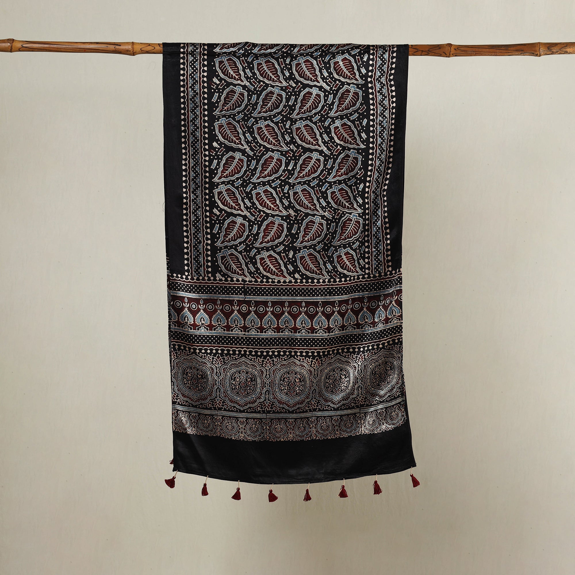 RIYAZ ABDULMAJID KHATRI - AJRAKH Black - Ajrakh Hand Block Printed Mashru Silk Stole with Tassels - view 2