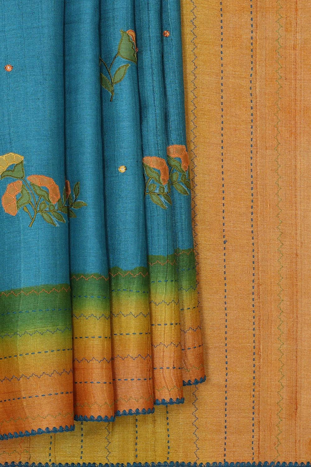 Kalanjali Embroidered Tussar Silk Teal Blue Saree