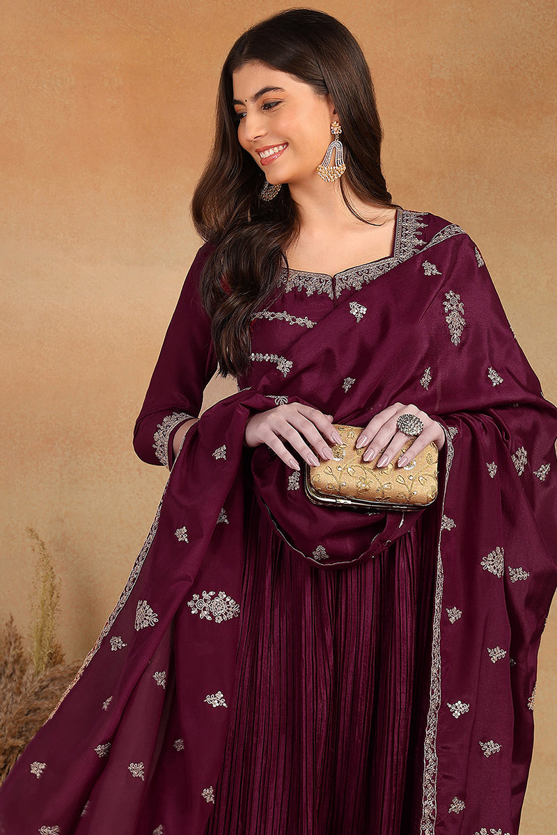 Ahika Purple Silk Blend Solid Embroidered Anarkali Suit Set PKSKD2064 - view 2