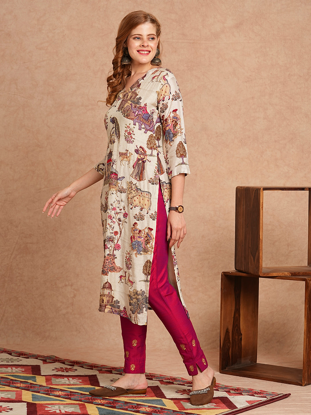 FASHOR Ethnic & Floral Printed & Kantha Embroidered Straight Fit Kurta - Off White - view 4