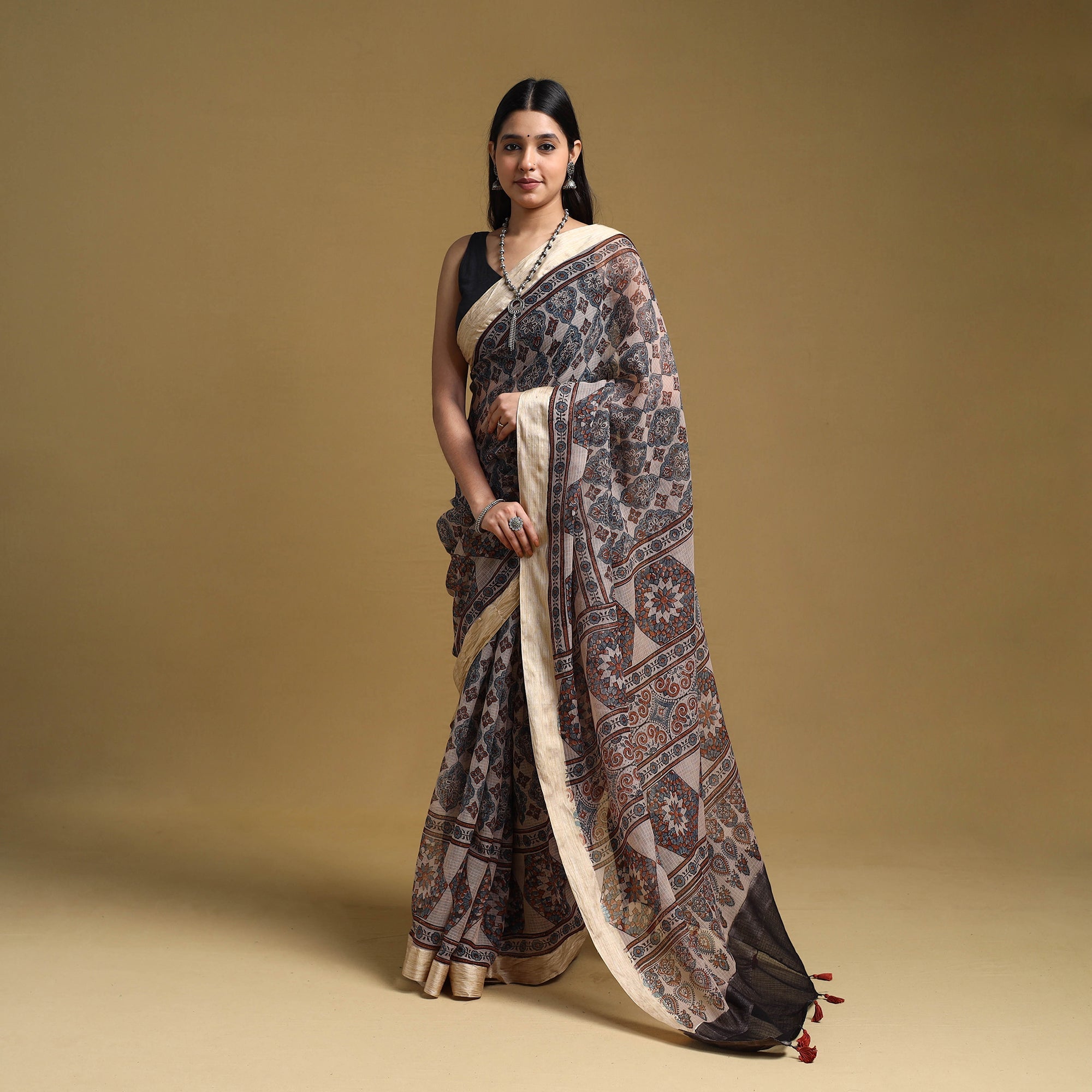 KACHCHH JI CHHAAP Beige - Natural Dyed Block Print Kota Doria Cotton Ajrakh Saree 06