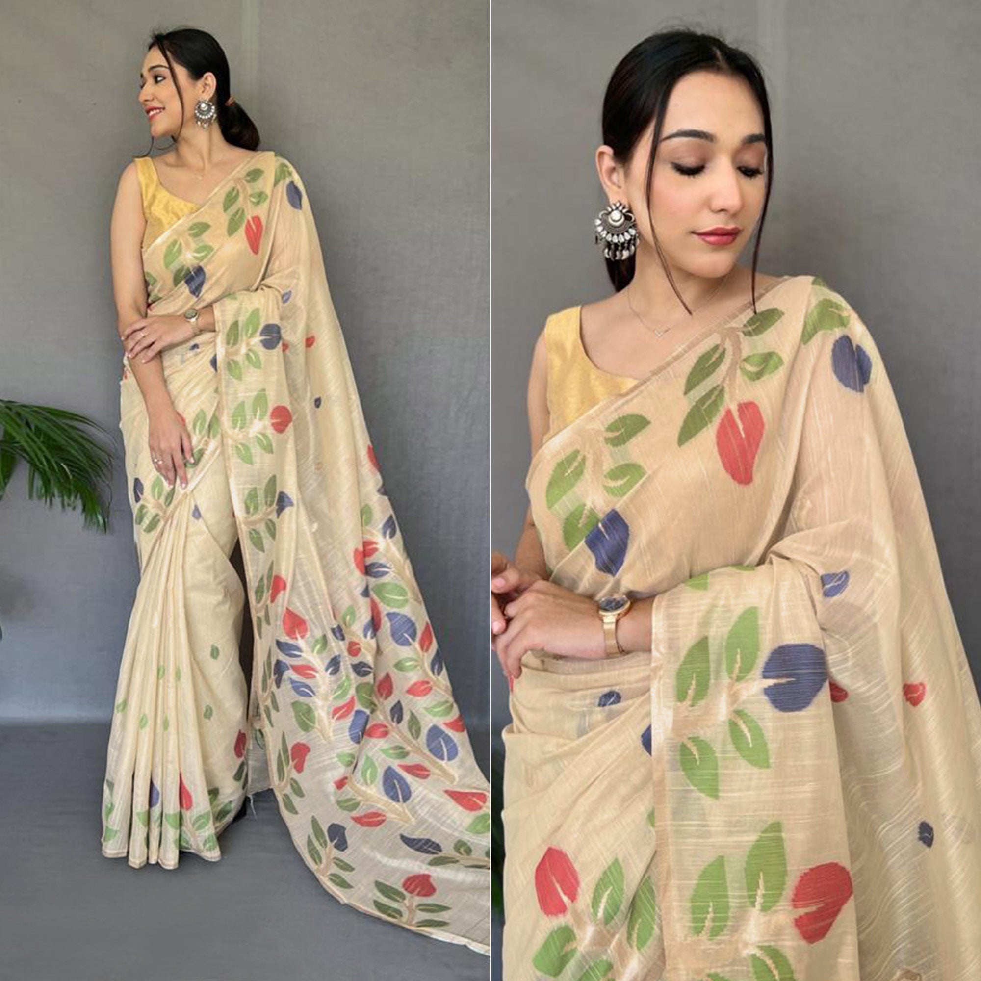 Peachmode Chikoo Floral Woven Cotton Saree – Women's