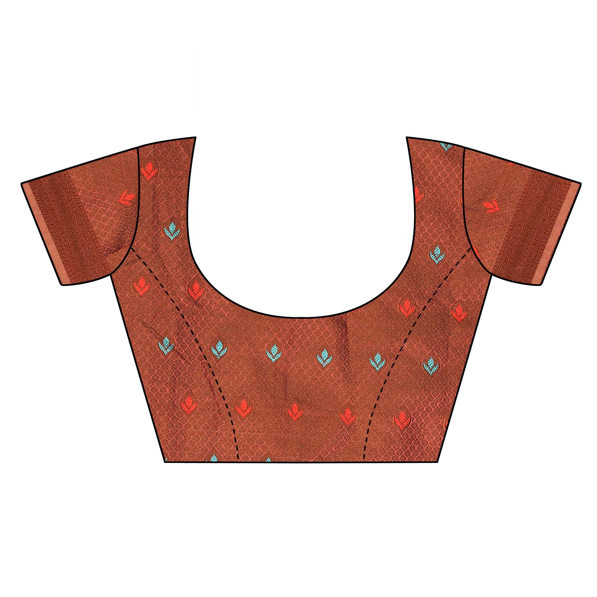 Peachmode Chikoo Festive Wear Woven With Meena Butta Rich Pallu Cotton Saree - view 2