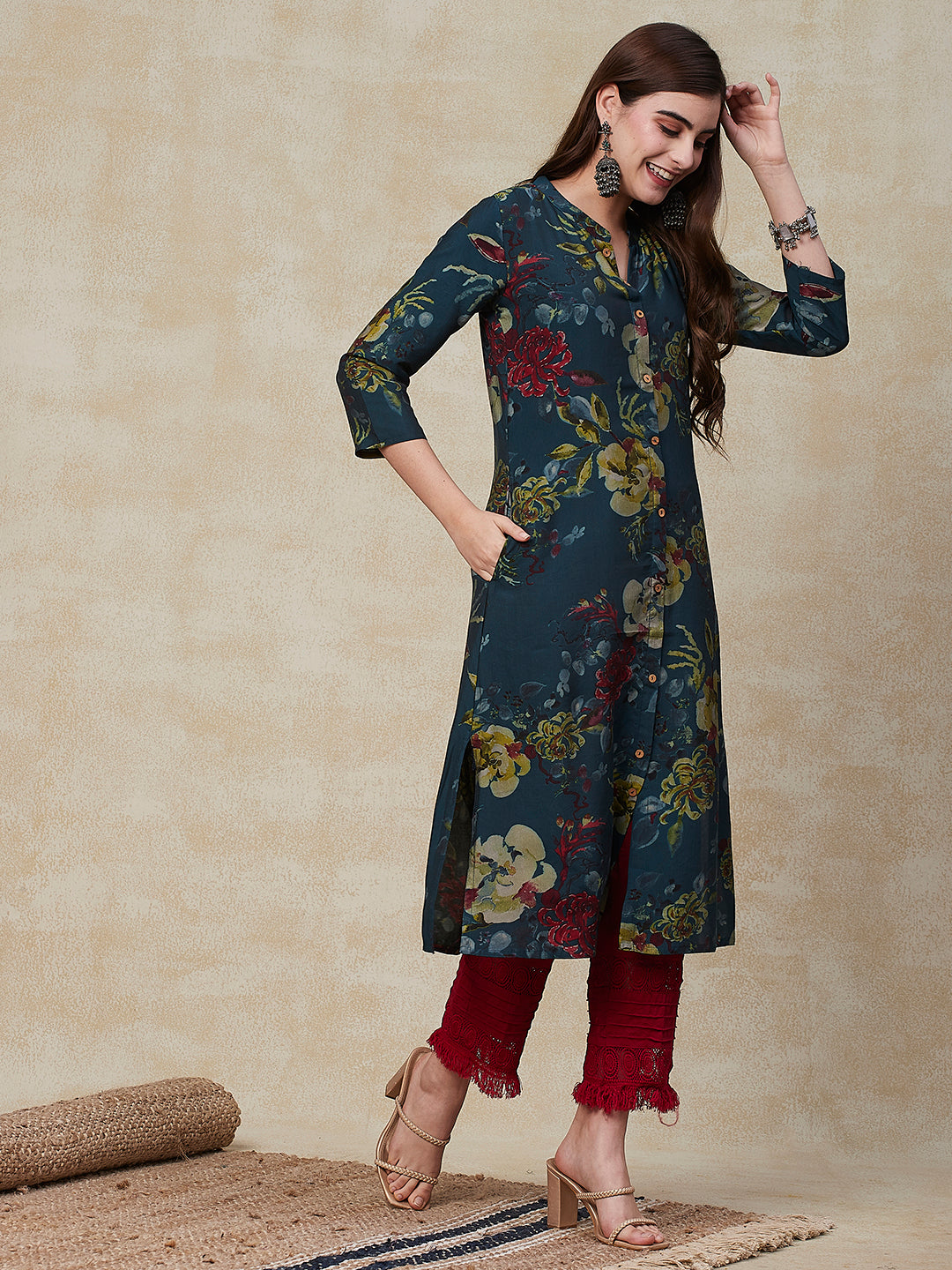 Fashor Floral Printed Wooden Buttoned A-line Kurta - Green - view 4