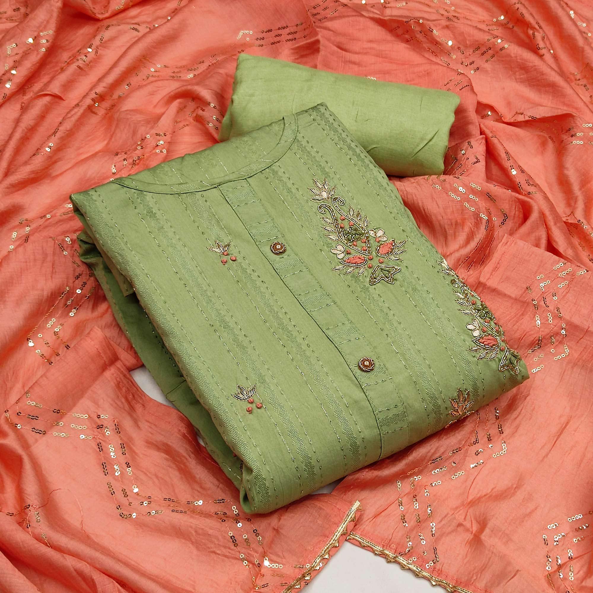 Peachmode Light Green Casual Wear Embroidered Cotton Dress Material