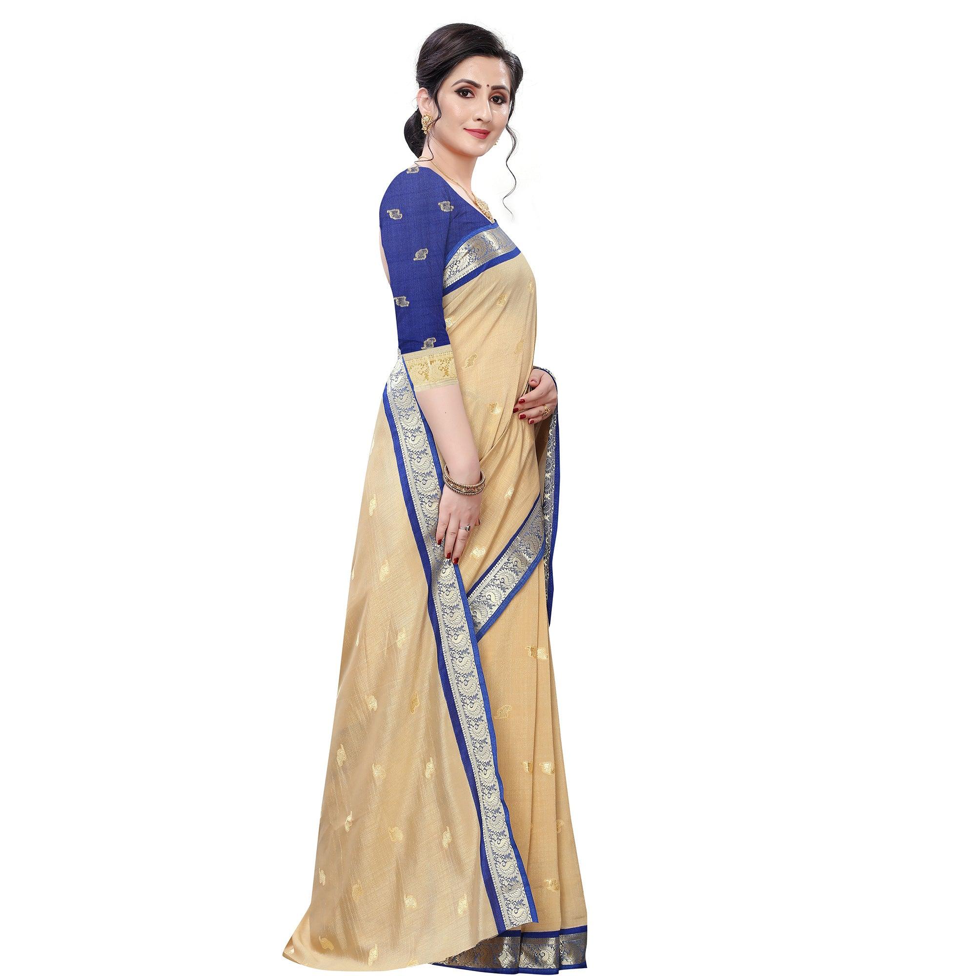Peachmode Intricate Beige Colored Festive Wear Woven Vichitra Silk Saree - view 5