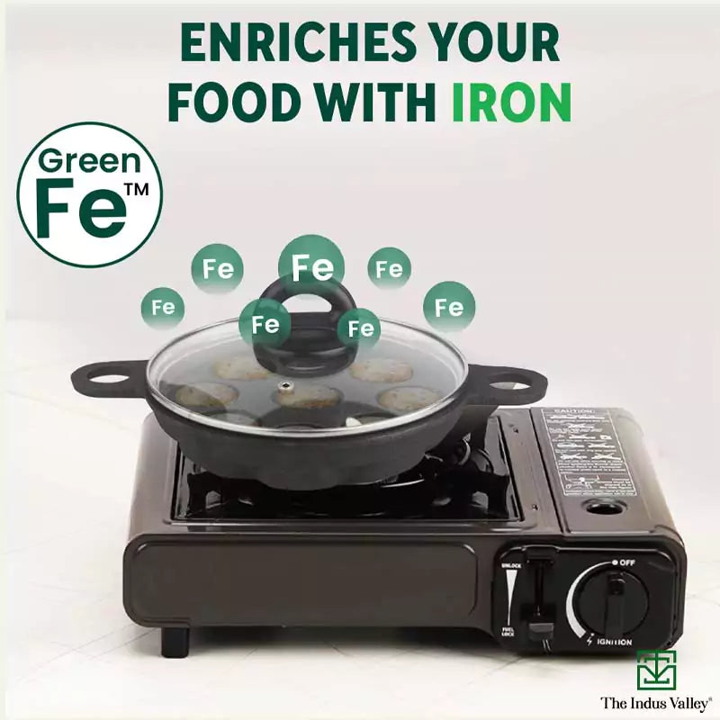 The Indus Valley 9 Pit/Cup CASTrong Cast Iron Paniyaram/Appe Pan+ Glass Lid, Pre-seasoned, Natural Nonstick, 100% Pure, Toxin-free, 21 cm, 2.7 kg - view 6
