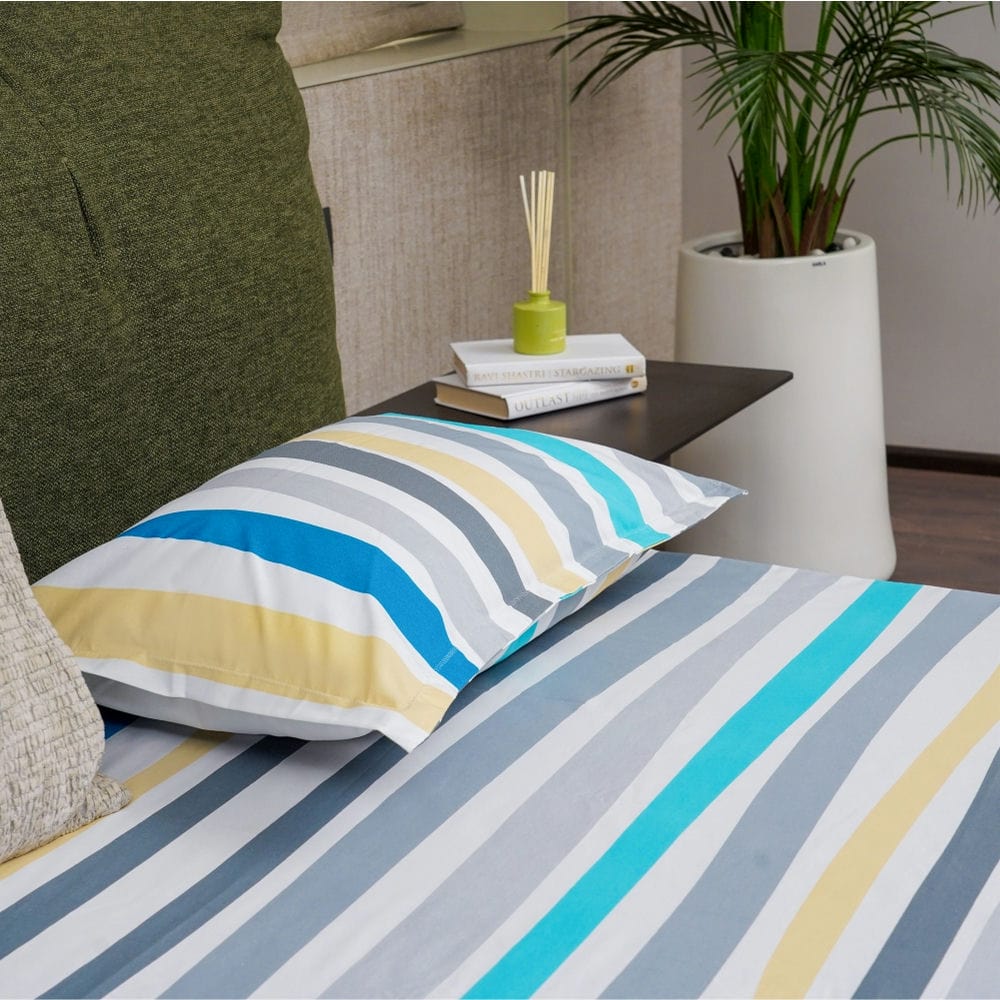 Urban Space -Home Furnishing Store Fitted King Size Cotton Bedsheet - MultiColour Stripes - Blue