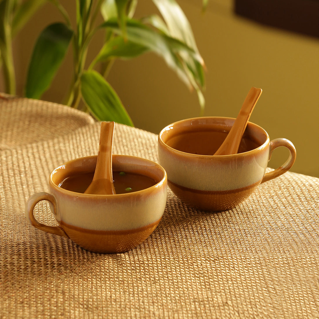 EXCLUSIVELANE 'The Eclipsed Two' Soup Bowls With Spoons Dual Glazed Studio Pottery In Ceramic (Set Of 2)