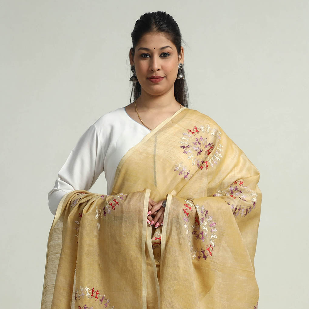 KHUSHBASH - HAPPY LOOM OF EAST Beige - Bengal Kantha Hand Embroidery Tussar Silk Handloom Dupatta 01 - view 3
