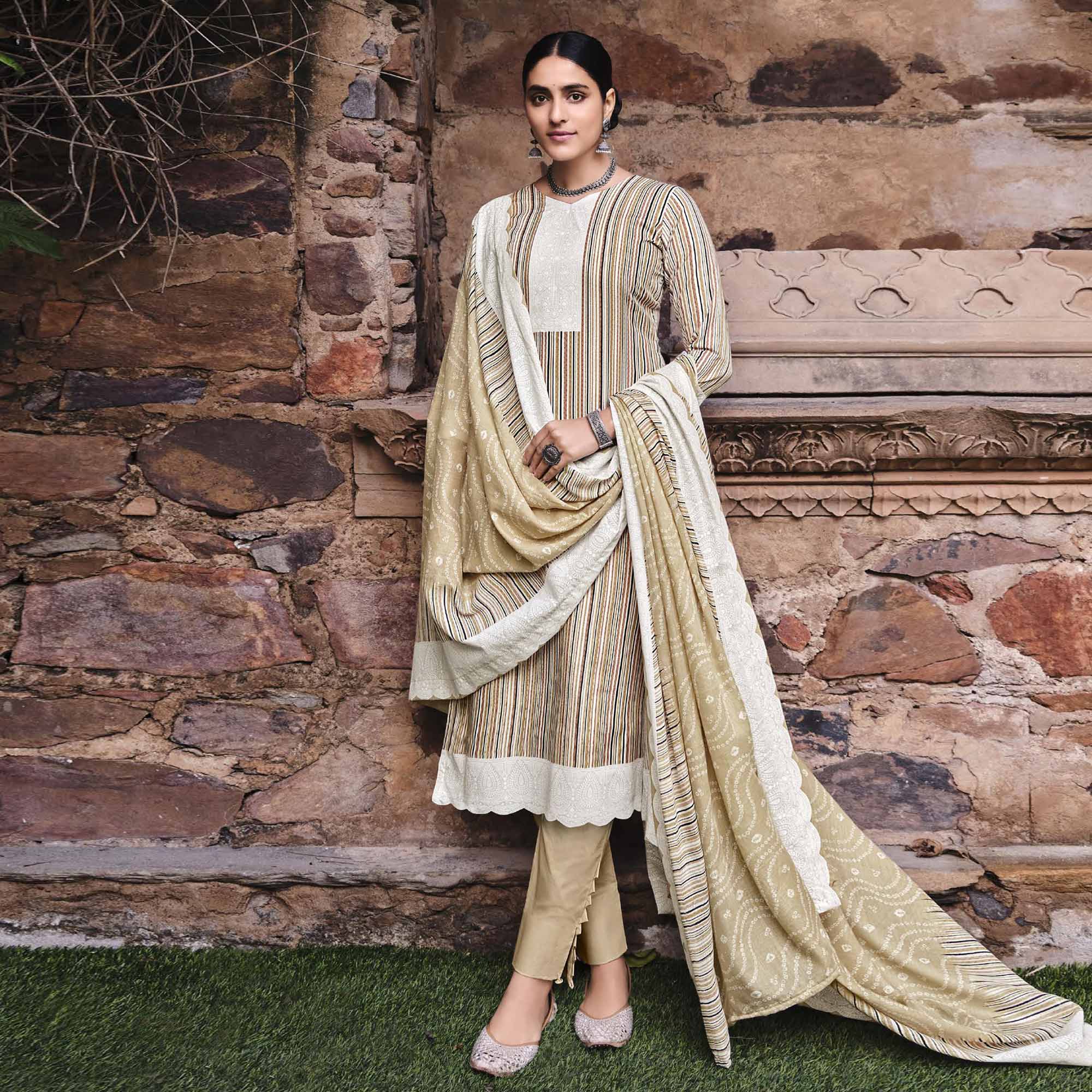 Peachmode Chikoo Printed Pure Cotton Salwar Suit