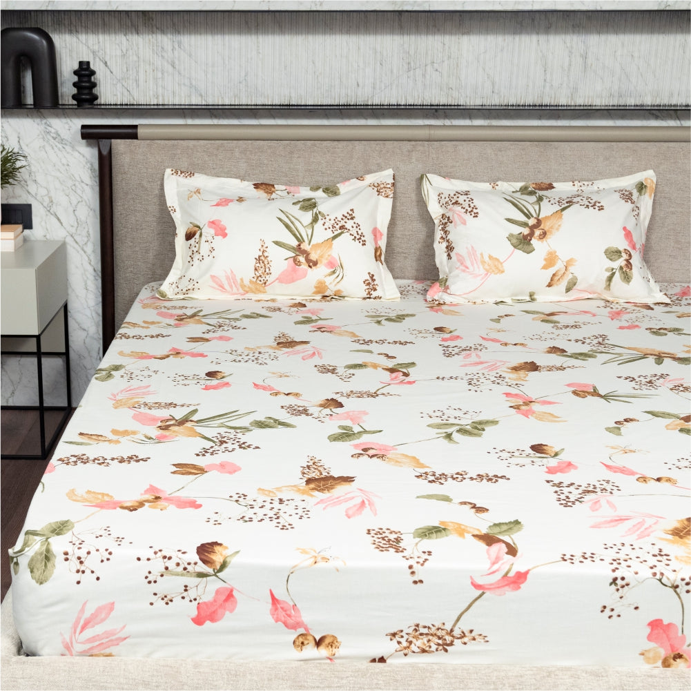 Urban Space -Home Furnishing Store Regal Collection - Breathable 200 TC 100% Pure Cotton Single Bedsheet with Pillow Cover, Cherry Blossom- Peach