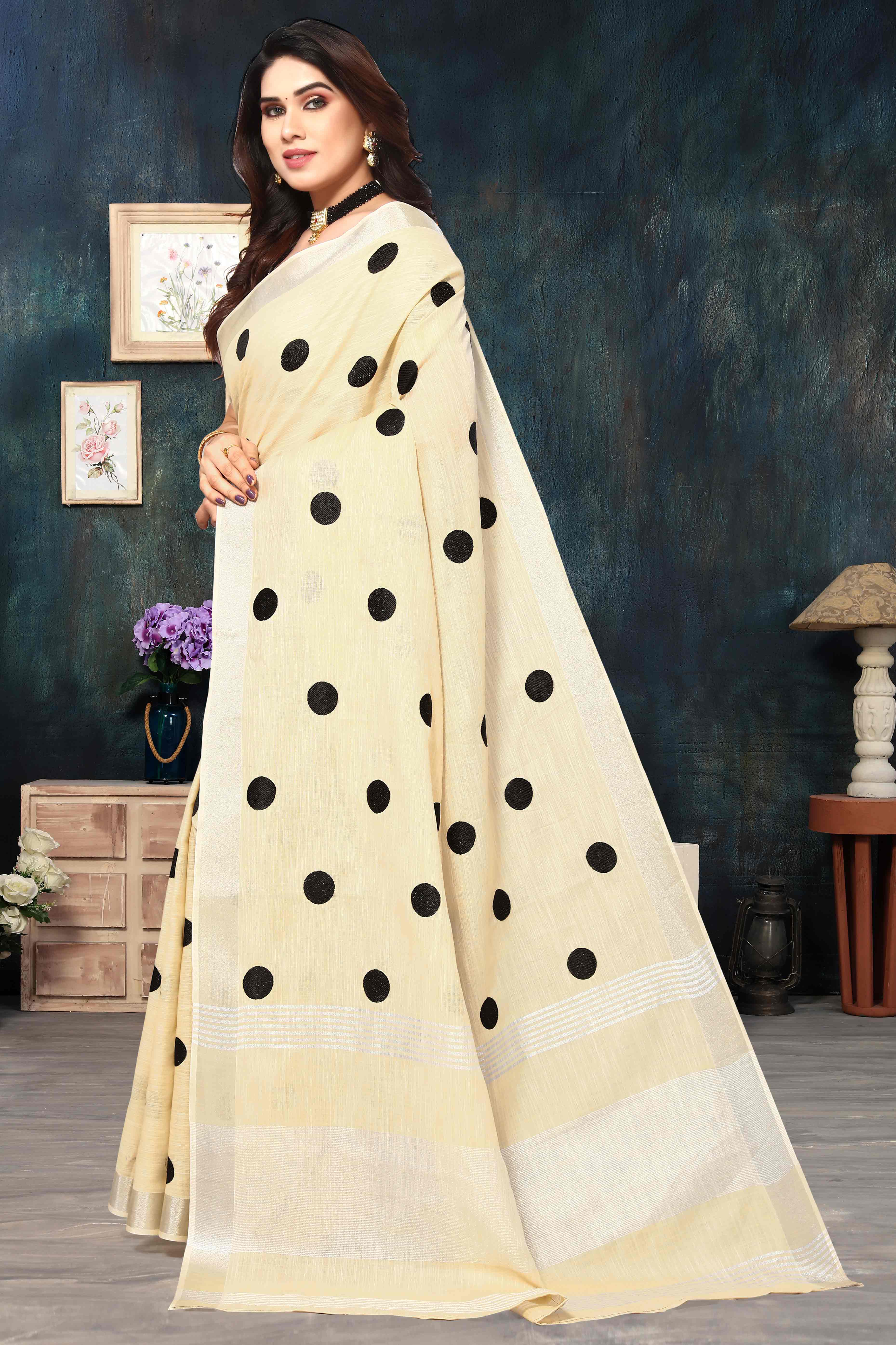 Peachmode Cream Embroidered Linen Cotton Saree With Zari Border - view 3