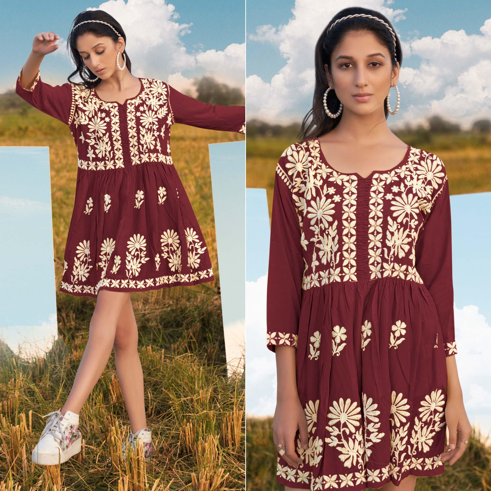 Peachmode Seller Maroon Floral Embroidered Rayon Top