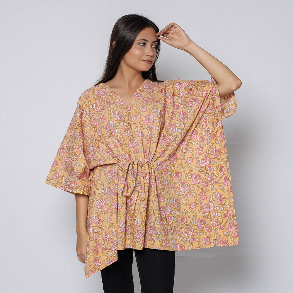 ITOKRI CASUALS Beige -Sanganeri Block Printed Cotton Kaftan with Tie-Up Waist - view 2