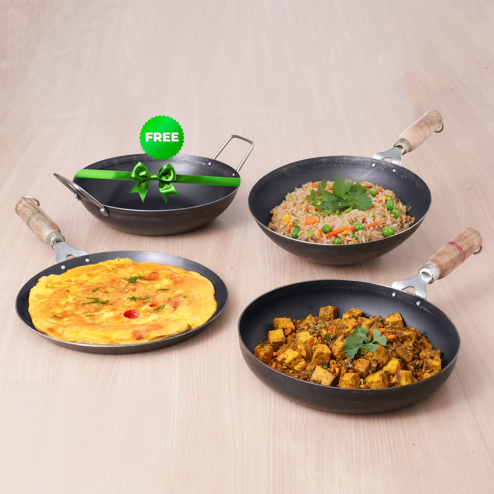 The Indus Valley 100% Pure Iron Cookware Set: Free ₹799 Kadai+ Tawa+ Fry Pan+ Wok, Toxin-free Sheet Iron, Pre-seasoned, Induction & Gas, Kitchen Set f