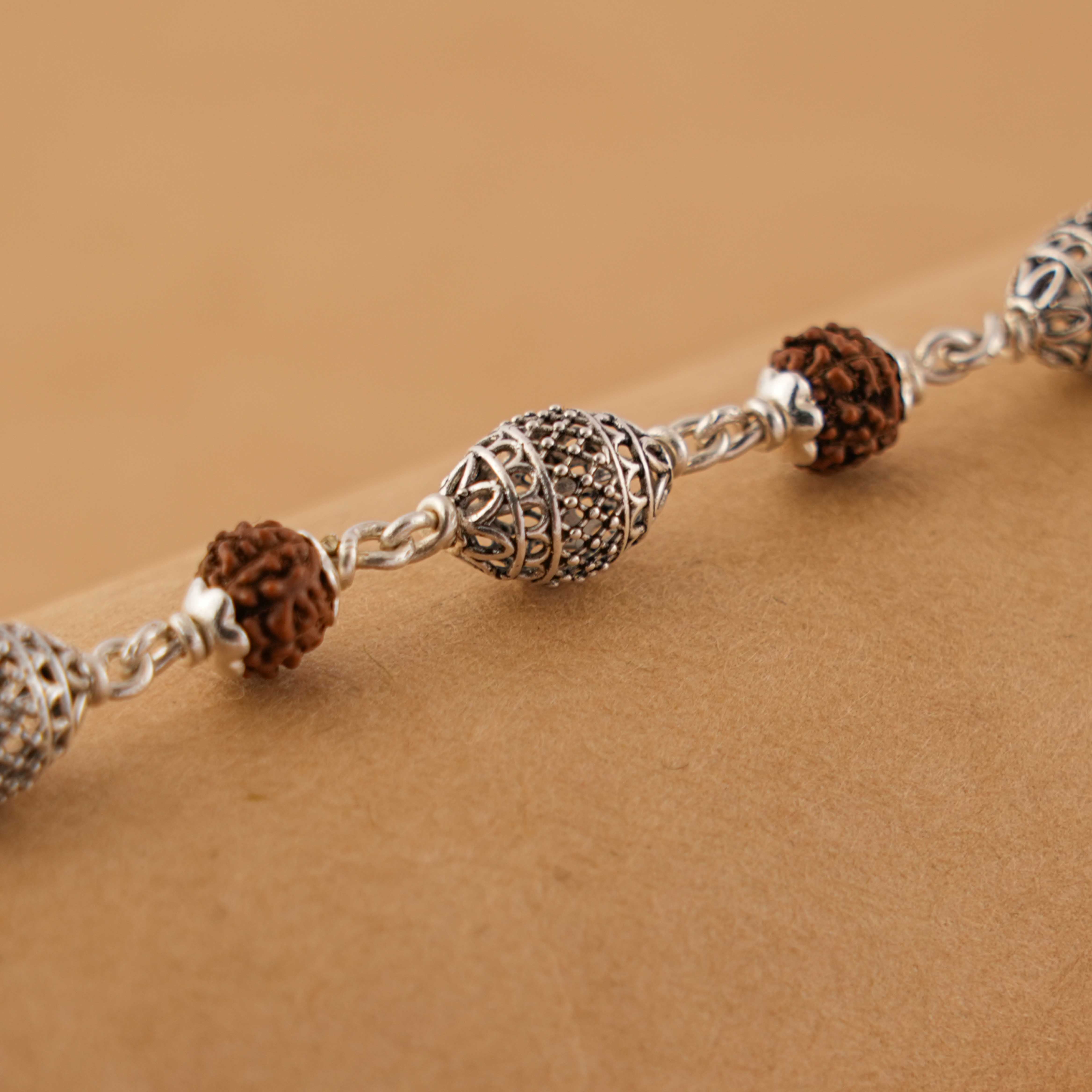 Rudraksha cylindrical silver – Prinjal Jewellers Rudraksha and Cylindrical Silver Beads Bracelet