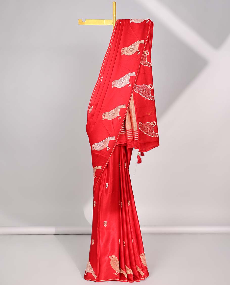 Pothys Red floral motifs mushru silk saree with self animal motifs border & striped zari pallu